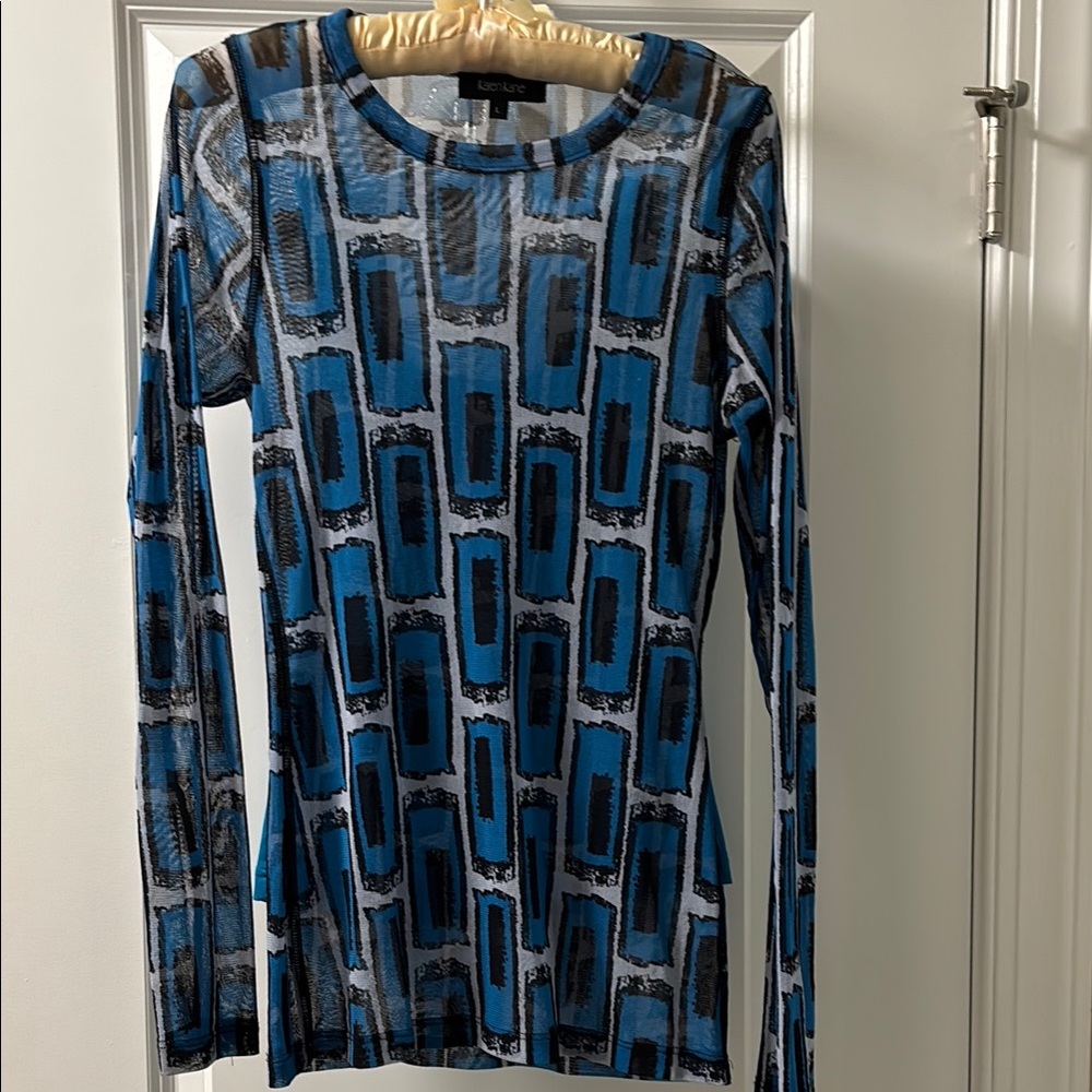 Karen Kane Blue and Black Patterned Long Sleeve Sheer Top with matching camisole